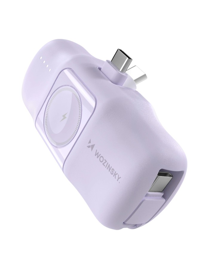 Wozinsky WF16-YCS 5000mAh 15W USB-C Mini Power Bank with Built-in USB-C Cable and Apple Watch Charger - Purple