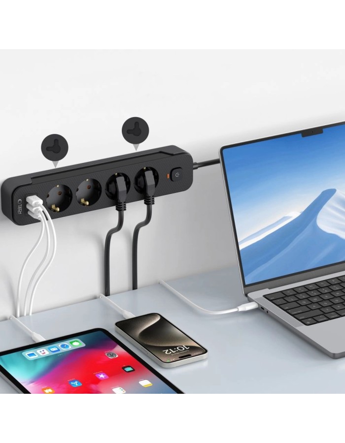 Tech-Protect PCL4X3 Power Strip 4 Sockets 240V + 2xUSB-A + 1xUSB-C 200 cm - Black