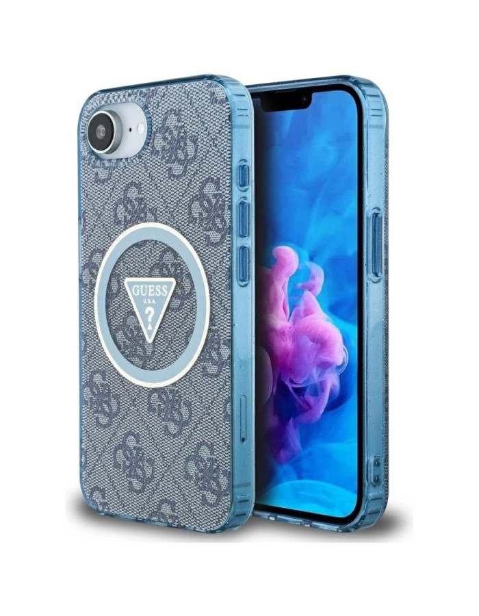Guess IML Metal Glitter 4G Circle Triangle MagSafe Case for iPhone 16e - Blue Guess IML Metal Glitter 4G Circle Triangle MagSafe Case for iPhone 16e - Blue