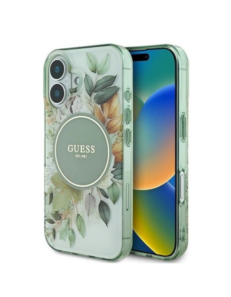 Guess IML Flower & Tonal Circle MagSafe case for iPhone 16 Plus - green Guess IML Flower & Tonal Circle MagSafe case for iPhone 16 Plus - green
