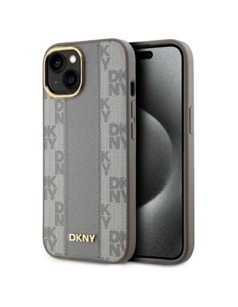 DKNY Leather Checkered Mono Pattern MagSafe iPhone 15 Plus Case - Beige