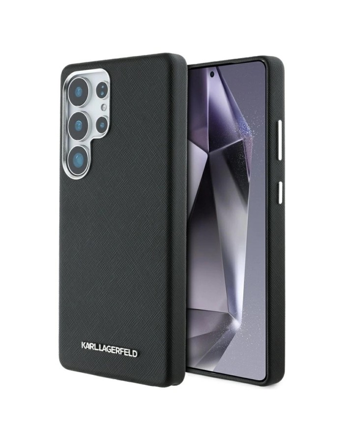 Karl Lagerfeld Saffiano Full Wrapped Elongated Metal Logo MagSafe Case for Samsung Galaxy S25 Ultra - Black
