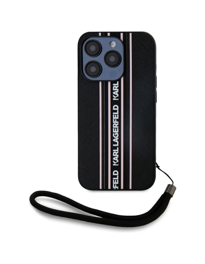 Karl Lagerfeld Saffiano Athleisure Stripes Cord iPhone 15 Pro Case - Pink