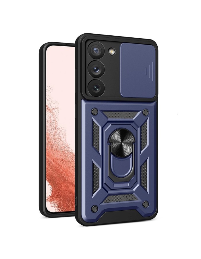 Hybrid Armor Camshield case for Samsung Galaxy S23+ armored case with camera cover blue