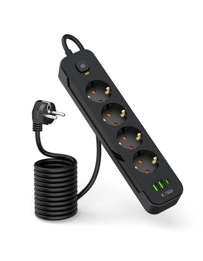 Tech-Protect PCL4X3 Power Strip 4 Sockets 240V + 2xUSB-A + 1xUSB-C 200 cm - Black