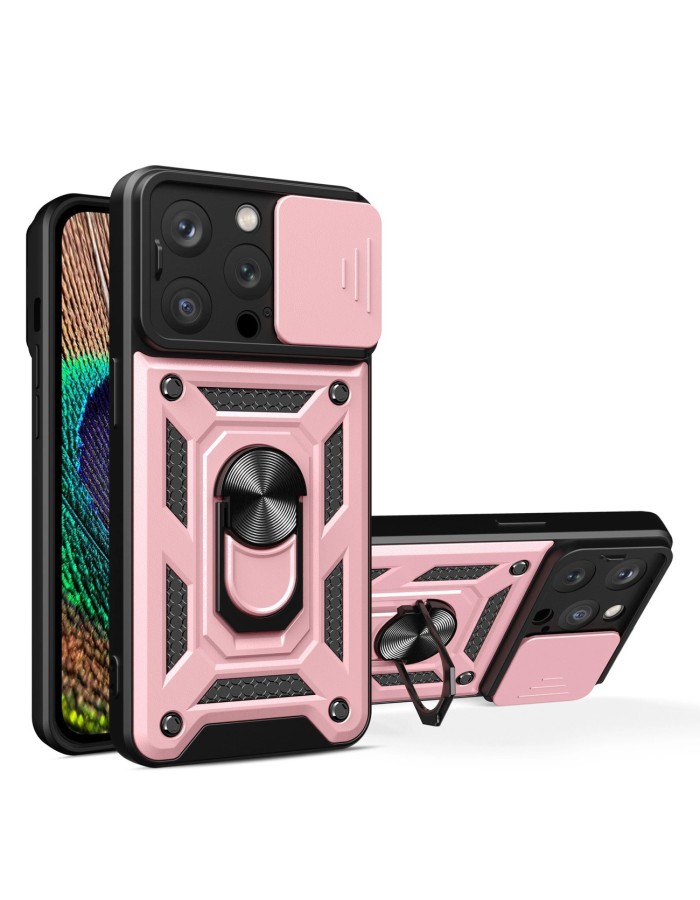 Hybrid Armor Camshield case with stand and camera cover for iPhone 15 Pro - pink