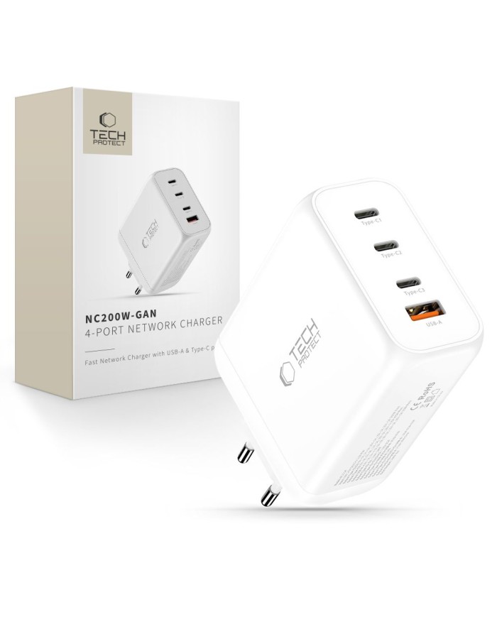 Tech-Protect NC200W-GaN 4-Port 200W Wall Charger - White Tech-Protect NC200W-GaN 4-Port 200W Wall Charger - White