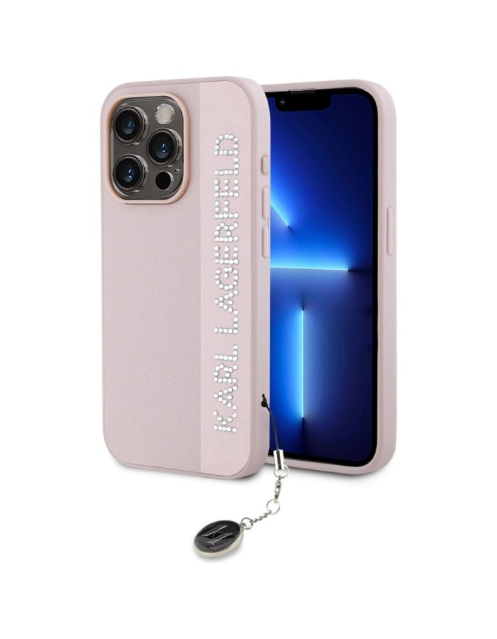 Karl Lagerfeld Saffiano Rhinestones &amp;amp; Charm case for iPhone 15 Pro - pink