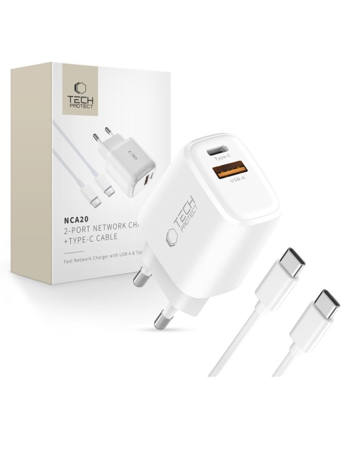 Tech-Protect NCA20 PD 20W QC3.0 USB-A / USB-C Wall Charger + USB-C / USB-C Cable 100cm - White Tech-Protect NCA20 PD 20W QC3.0 USB-A / USB-C Wall Charger + USB-C / USB-C Cable 100cm - White