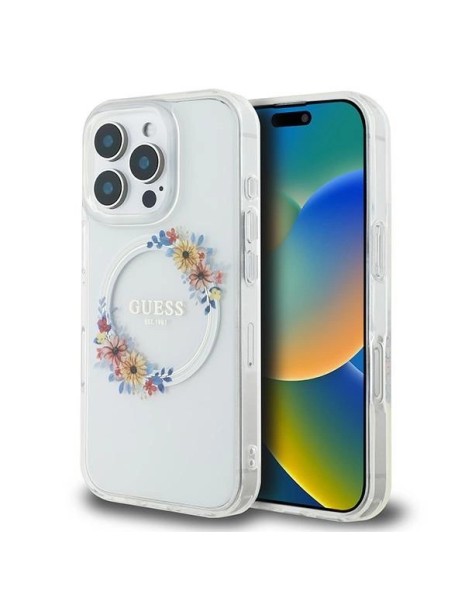 Guess IML Flowers Wreath MagSafe Case for iPhone 16 Pro - Clear