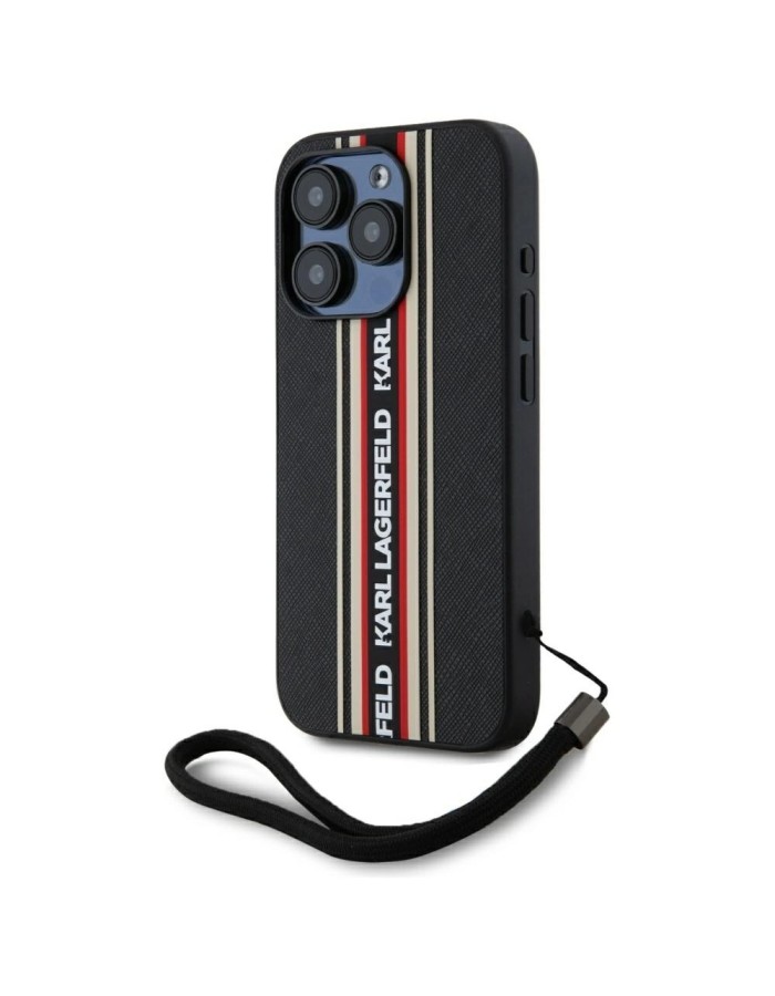 Karl Lagerfeld Saffiano Athleisure Stripes Cord iPhone 15 Pro Max Case - Red