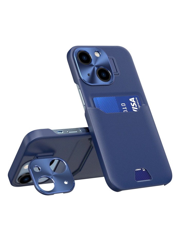 Leather Stand Case case for iPhone 14 Plus cover card wallet with stand blue