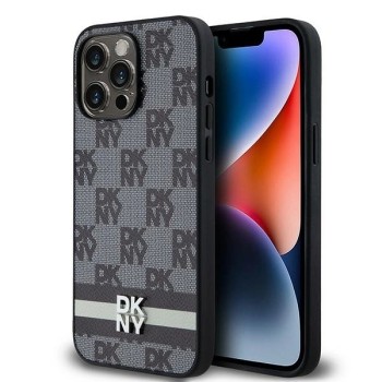 DKNY Leather Checkered Mono Pattern &amp;amp; Printed Stripes Case for iPhone 14 Pro Max - Black