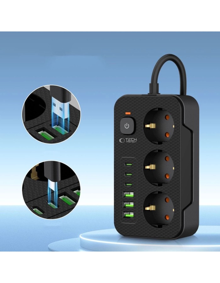Tech-Protect PC3X6 Power Strip 3 Sockets 240V + 3xUSB-A + 3xUSB-C 200cm - Black Tech-Protect PC3X6 Power Strip 3 Sockets 240V + 3xUSB-A + 3xUSB-C 200cm - Black