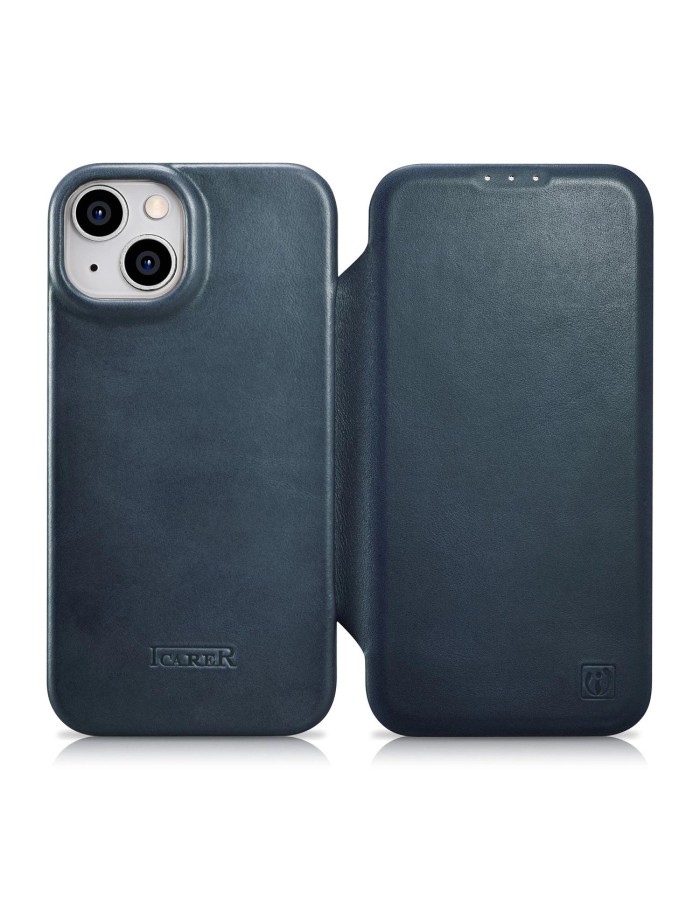 iCarer CE Oil Wax Premium Leather Folio Case iPhone 14 Plus magnetic flip case MagSafe blue (AKI14220707-BU)