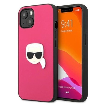 Karl Lagerfeld Leather Ikonik Karl&amp;#39;s Head Metal Case for iPhone 13 mini - Pink