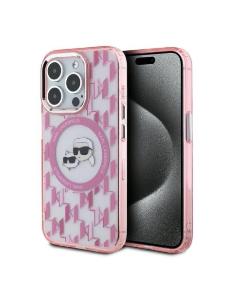 Karl Lagerfeld IML Monogram Karl &amp;amp; Choupette Head MagSafe Case for iPhone 15 Pro Max - Pink