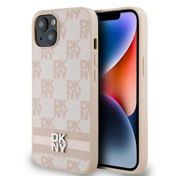 DKNY Leather Checkered Mono Pattern &amp;amp; Printed Stripes Case for iPhone 15 Plus / 14 Plus - Pink
