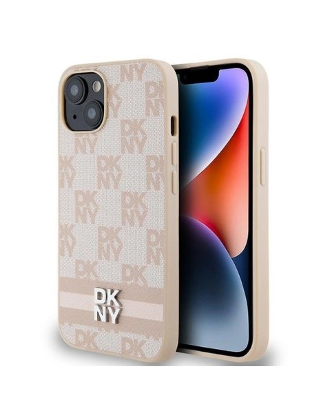 DKNY Leather Checkered Mono Pattern &amp;amp; Printed Stripes case for iPhone 15 / 14 / 13 - pink