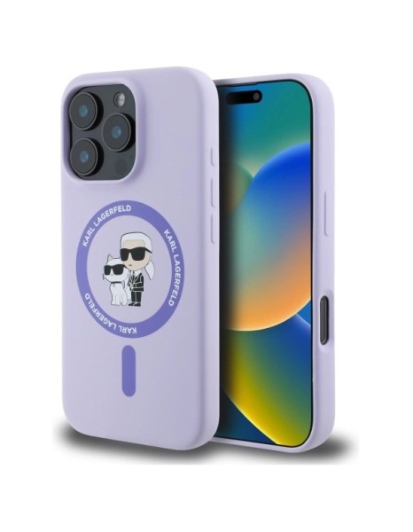 Karl Lagerfeld Silicone Karl&amp;amp;Choupette Heads Ring MagSafe Case for iPhone 16 Pro - Purple