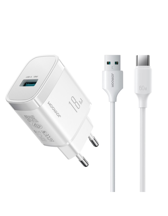 Joyroom JR-TF4 18W wall charger with 3A USB-A - USB-C 1m cable - white
