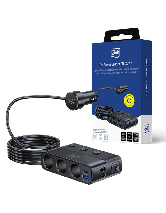 3mk Car Power Splitter PD 120W™ QC PPS UCB-C USB-A Car Charger for 7 Devices - Black