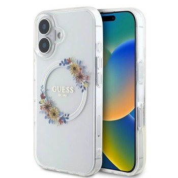 Guess IML Flowers Wreath MagSafe Case for iPhone 16 - Transparent