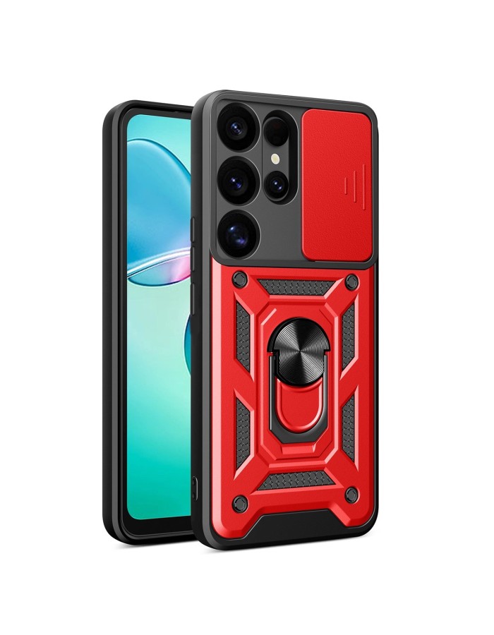 Hybrid Armor Camshield with Camera Cover and Metal Ring for Samsung Galaxy S25 Ultra - Red