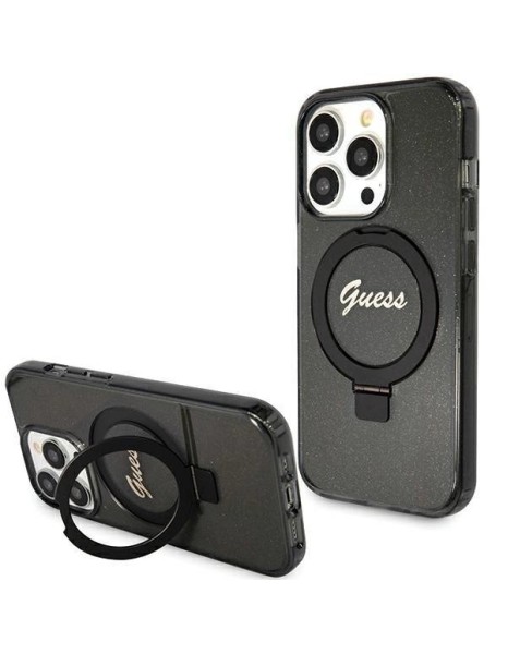 Guess Ring Stand Script Glitter MagSafe case for iPhone 15 Pro - black