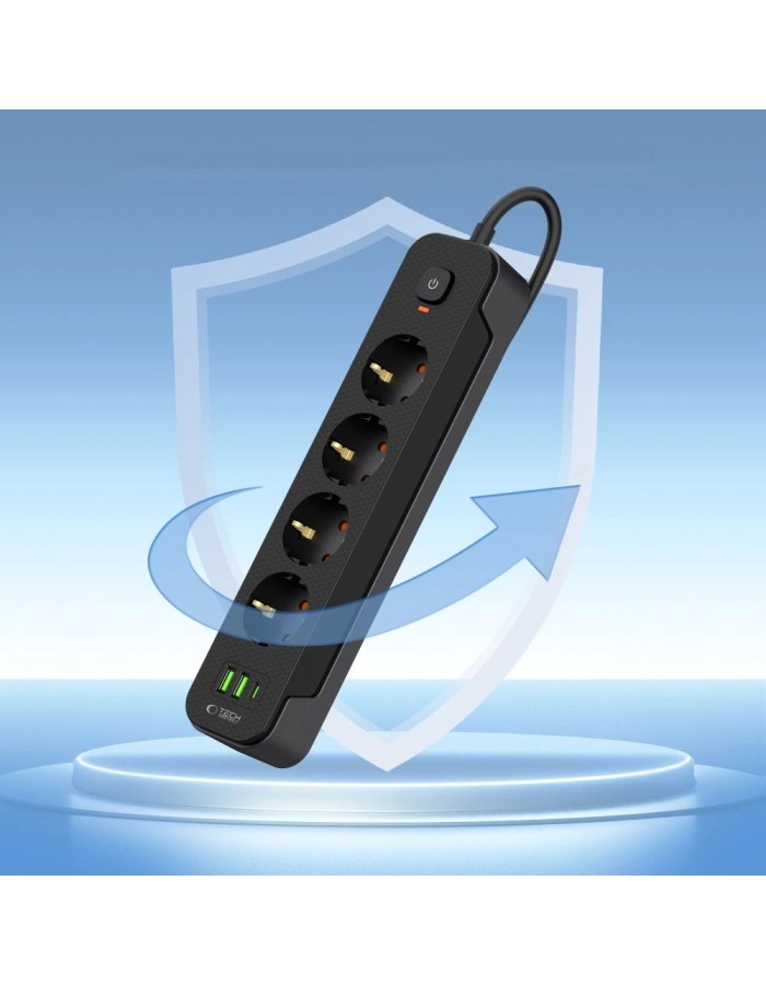 Tech-Protect PCL4X3 Power Strip 4 Sockets 240V + 2xUSB-A + 1xUSB-C 200 cm - Black