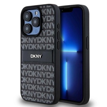 DKNY Leather Mono Stripe &amp;amp; Metal Logo case for iPhone 15 Pro - black