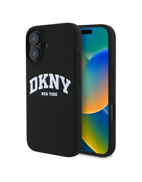 DKNY Silicone White Printed Logo MagSafe iPhone 16 Case - Black DKNY Silicone White Printed Logo MagSafe iPhone 16 Case - Black