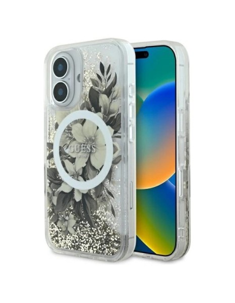 Guess Liquid Glitter Flower MagSafe iPhone 16 Case - Beige Guess Liquid Glitter Flower MagSafe iPhone 16 Case - Beige