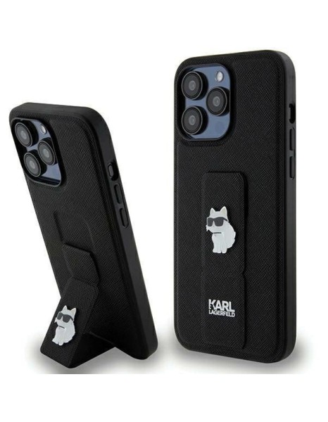 Karl Lagerfeld Gripstand Saffiano Choupette Pins case for iPhone 13 Pro Max - black