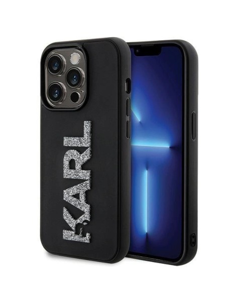 Karl Lagerfeld 3D Rubber Glitter Logo iPhone 15 Pro Case - Black