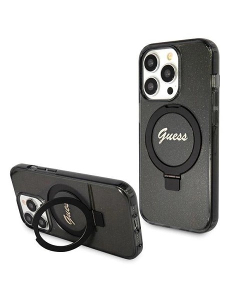 Guess Ring Stand Script Glitter MagSafe case for iPhone 14 Pro Max - black