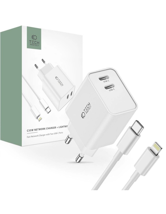 Tech-Protect C35W 2x USB-C PD 35W Wall Charger with USB-C / Lightning Cable - White Tech-Protect C35W 2x USB-C PD 35W Wall Charger with USB-C / Lightning Cable - White