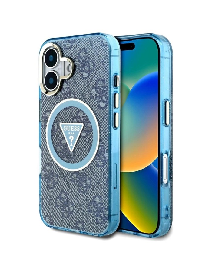 Guess IML Metal Glitter 4G Circle Triangle MagSafe Case for iPhone 16 - Blue