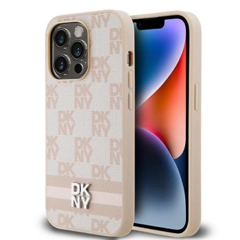 DKNY Leather Checkered Mono Pattern &amp;amp; Printed Stripes case for iPhone 14 Pro - pink