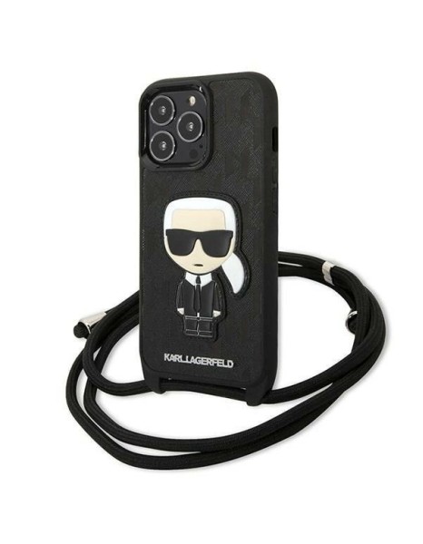 Karl Lagerfeld Leather Monogram Patch and Cord Iconik Case for iPhone 13 Pro / 13 - Black