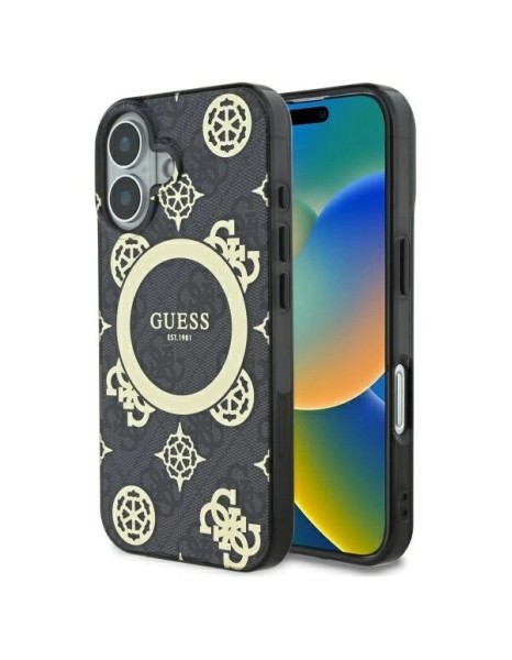 Guess IML Peony On 4G Background MagSafe case for iPhone 16 - black Guess IML Peony On 4G Background MagSafe case for iPhone 16 - black