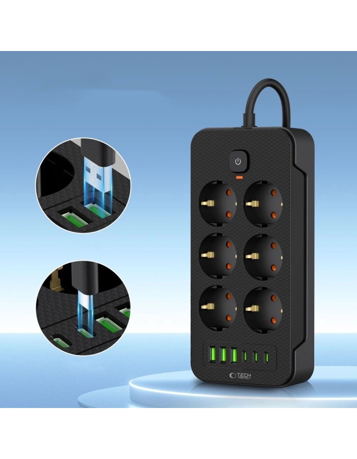Tech-Protect PC6X6 Power Strip 6 Sockets 240V + 3xUSB-A + 3xUSB-C 200cm - Black