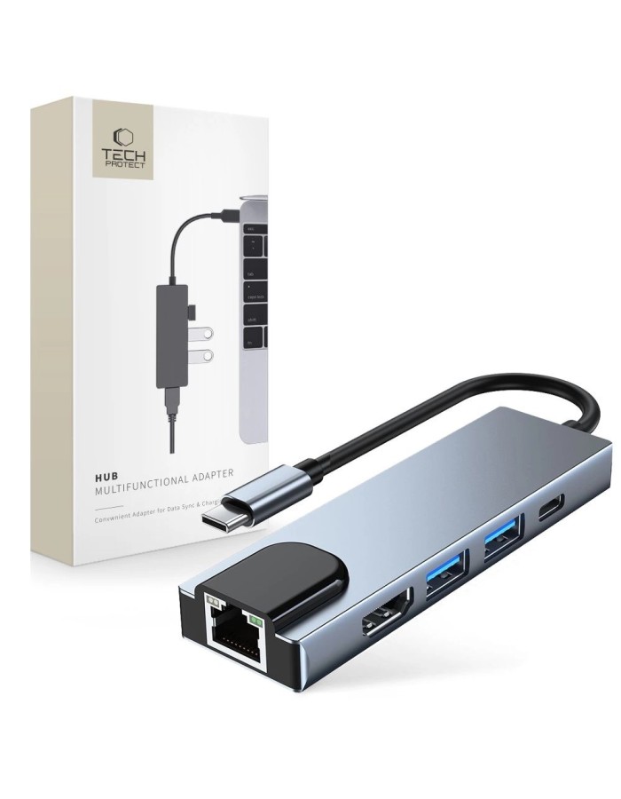 HUB Tech-Protect V3 5in1 USB-C - USB-A 3.0 / USB-A 2.0 / USB-C / HDMI / RJ45 - gray