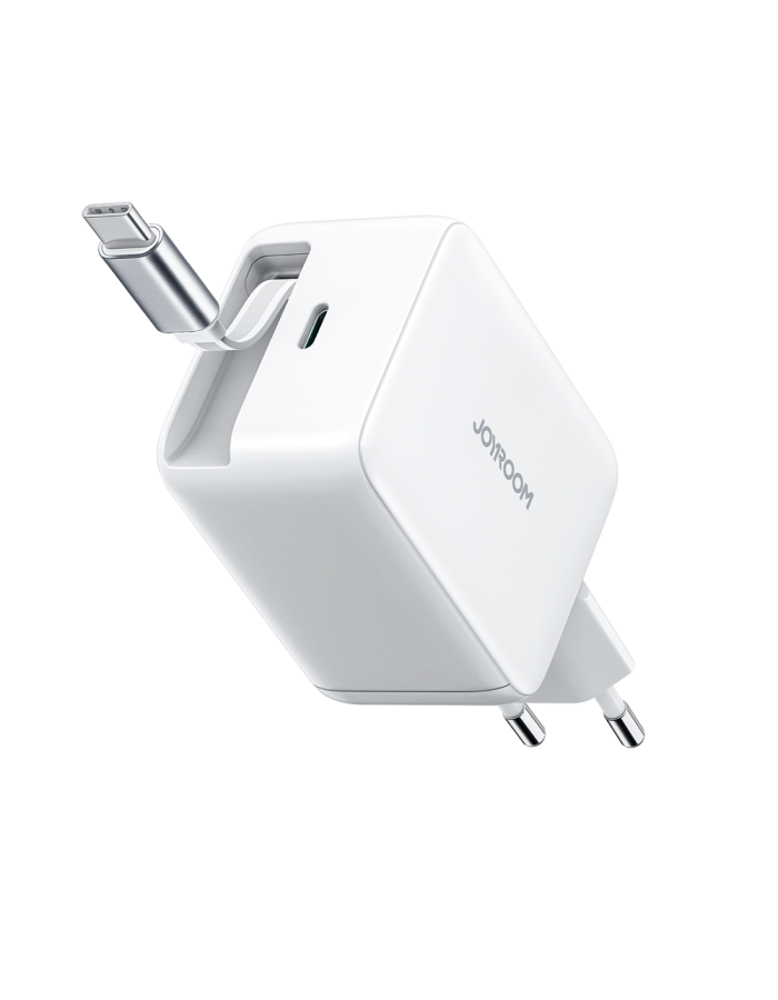 Joyroom JR-TCL06 67W GaN Wall Charger with Built-in Retractable USB-C Cable - White