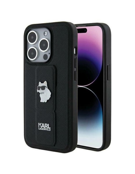 Karl Lagerfeld Gripstand Saffiano Choupette Pins case for iPhone 14 Pro - black