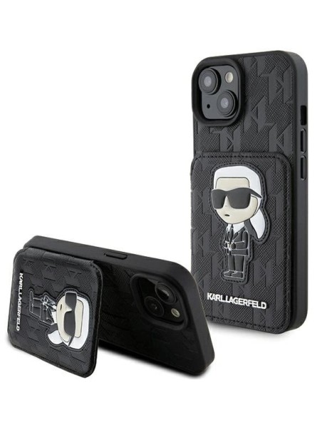 Karl Lagerfeld Saffiano Cardslots and Stand Monogram Ikonik Patch case for iPhone 15 - black
