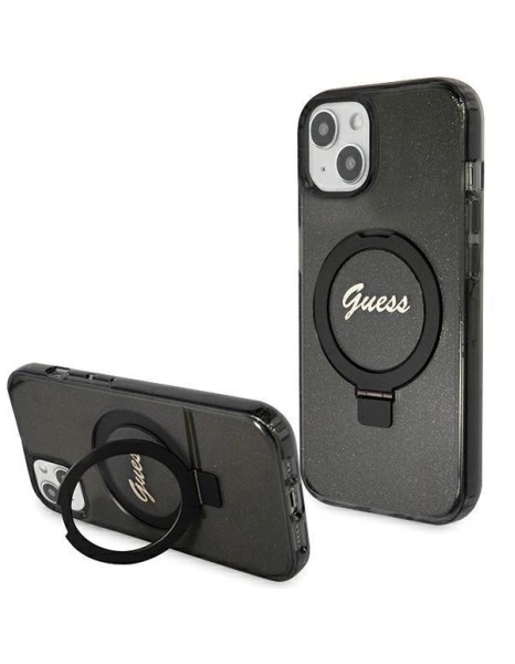 Guess Ring Stand Script Glitter MagSafe Case for iPhone 15 Plus / 14 Plus - Black