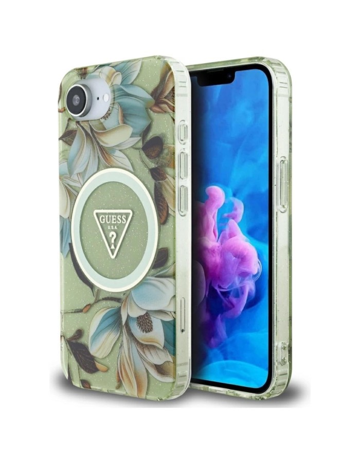 Guess IML Metal Glitter Flowers Triangle MagSafe iPhone 16e Case - Green Guess IML Metal Glitter Flowers Triangle MagSafe iPhone 16e Case - Green