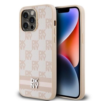 DKNY Leather Checkered Mono Pattern &amp;amp; Printed Stripes case for iPhone 14 Pro Max - pink