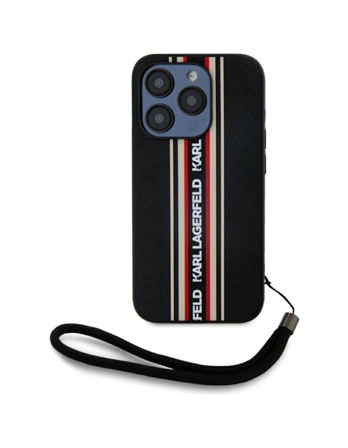 Karl Lagerfeld Saffiano Athleisure Stripes Cord iPhone 15 Pro Case - Red